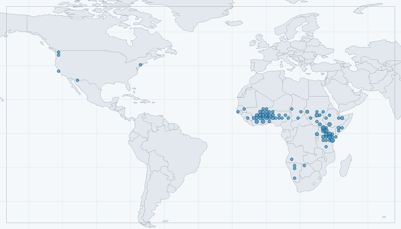 Mapa zaznamenaného výskytu: Komba ušatá (Galago senegalensis)