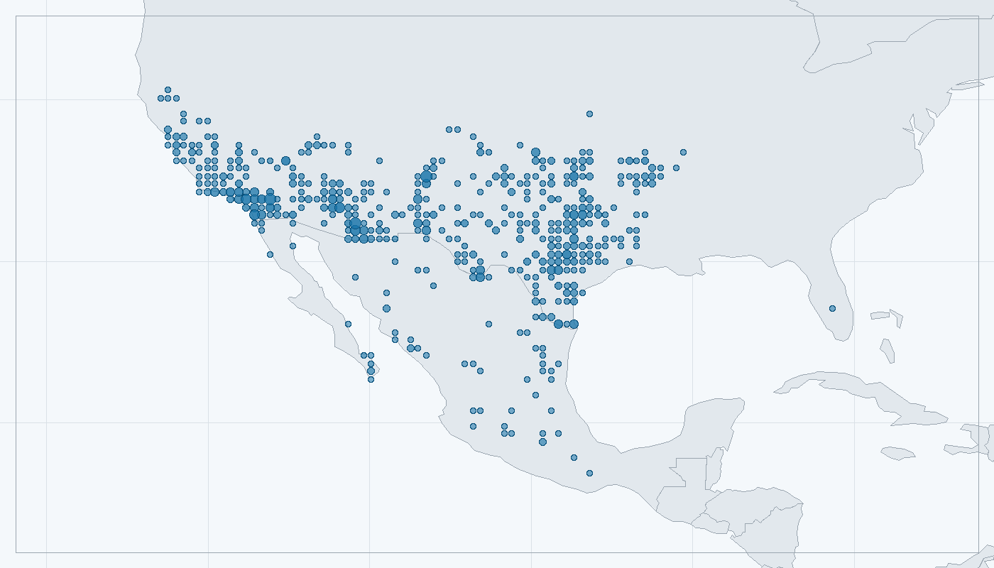Mapa zaznamenaného výskytu: Kukačka kohoutí (Geococcyx californianus)