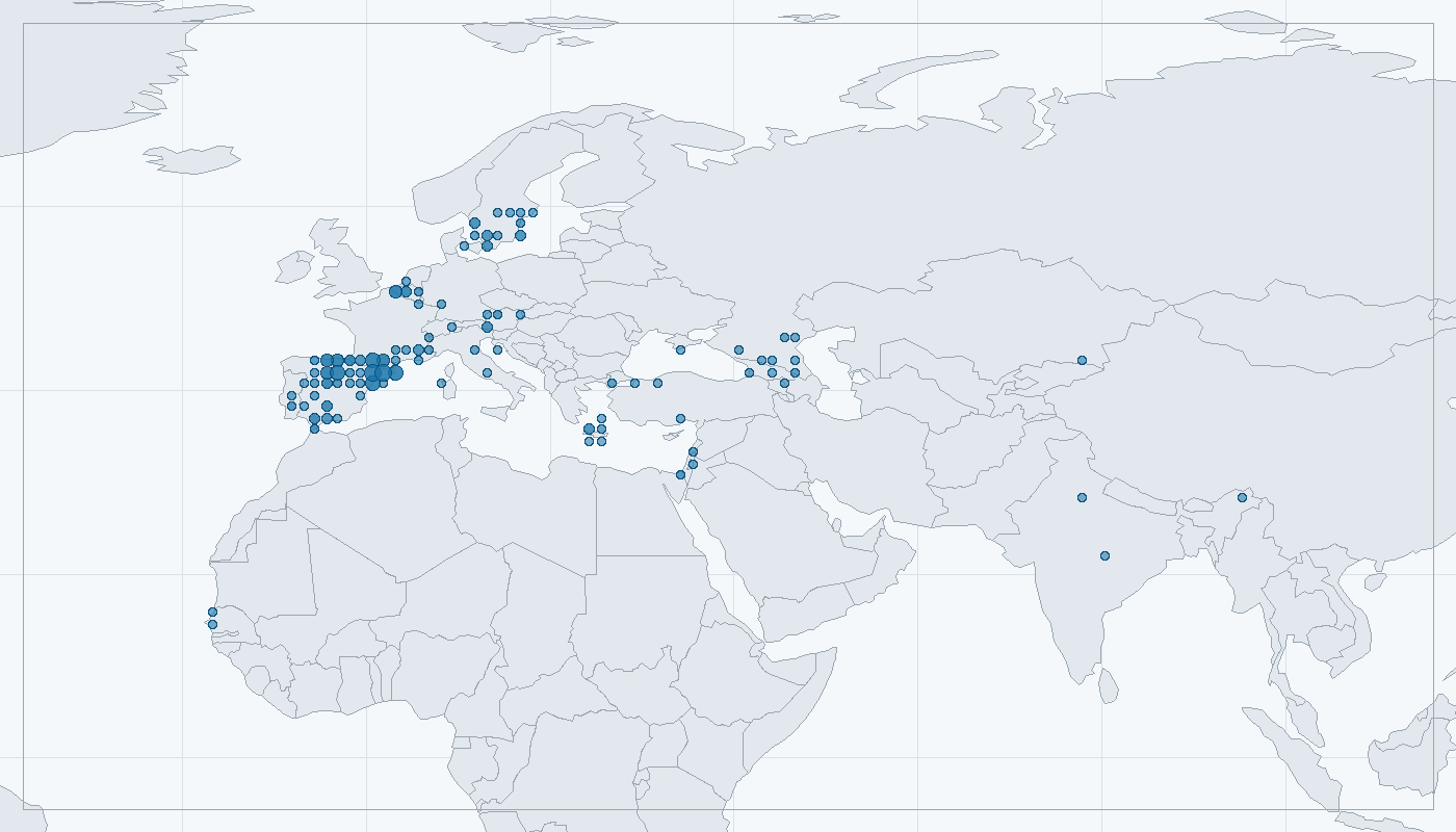 Mapa zaznamenaného výskytu: Sup bělohlavý (Gyps fulvus)