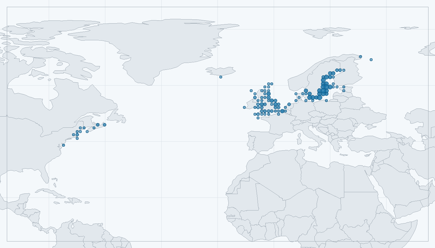 Mapa zaznamenaného výskytu: Tuleň kuželozubý (Halichoerus grypus)