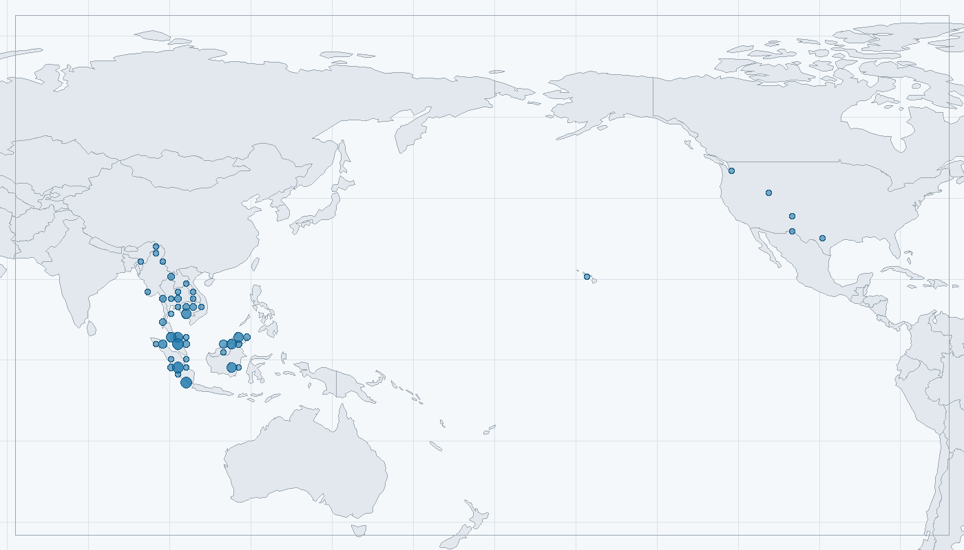 Mapa zaznamenaného výskytu: Medvěd malajský (Helarctos malayanus)