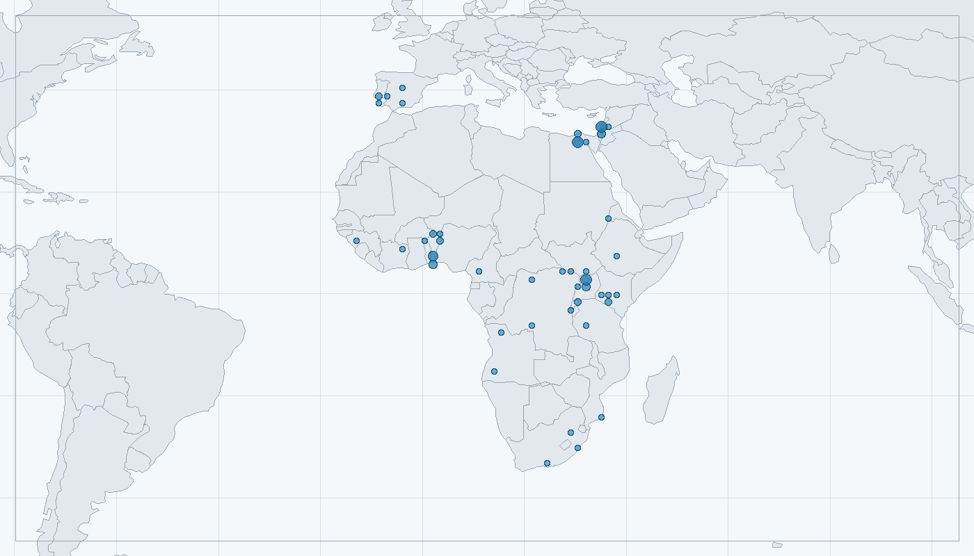 Mapa zaznamenaného výskytu: Promyka ichneumon (Herpestes ichneumon)
