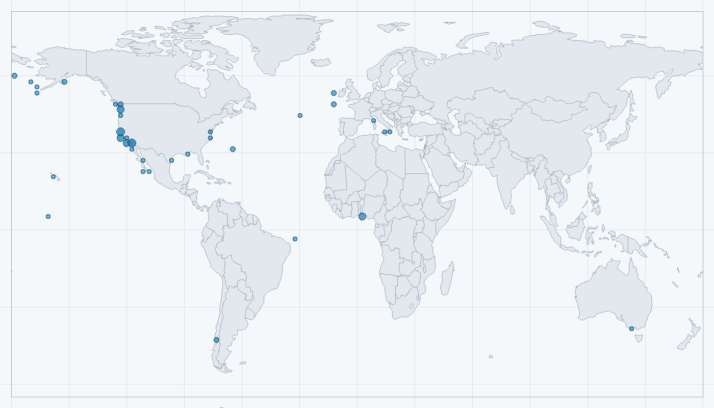 Mapa zaznamenaného výskytu: Žralok šedý (Hexanchus griseus)