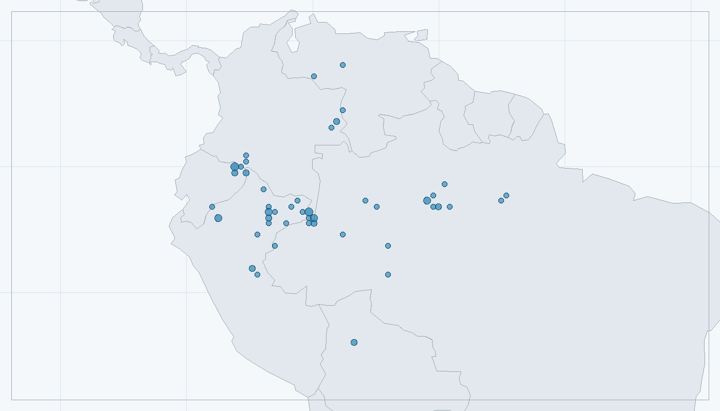Mapa zaznamenaného výskytu: Delfínovec amazonský (Inia geoffrensis)