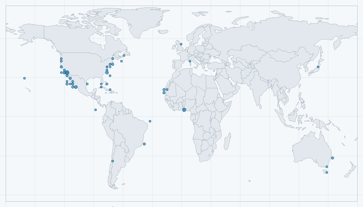 Mapa zaznamenaného výskytu: Žralok mako (Isurus oxyrinchus)