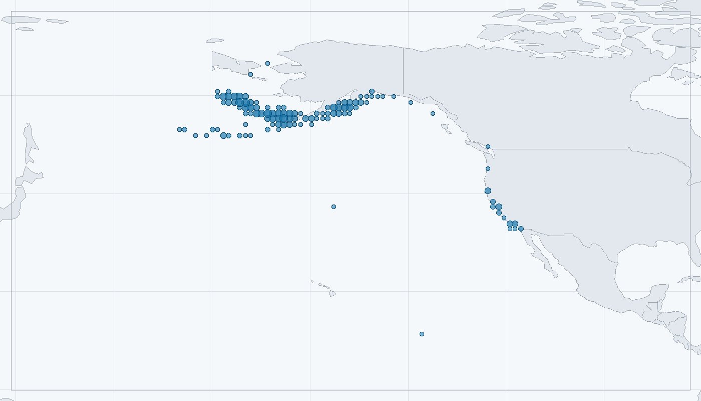 Mapa zaznamenaného výskytu: Žralok tichooceánský (Lamna ditropis)