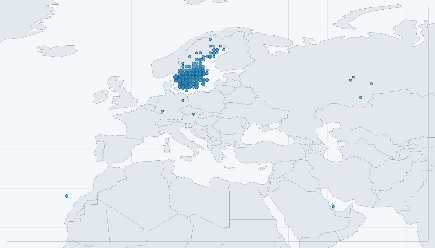 Mapa zaznamenaného výskytu: Ťuhýk šedý (Lanius excubitor)