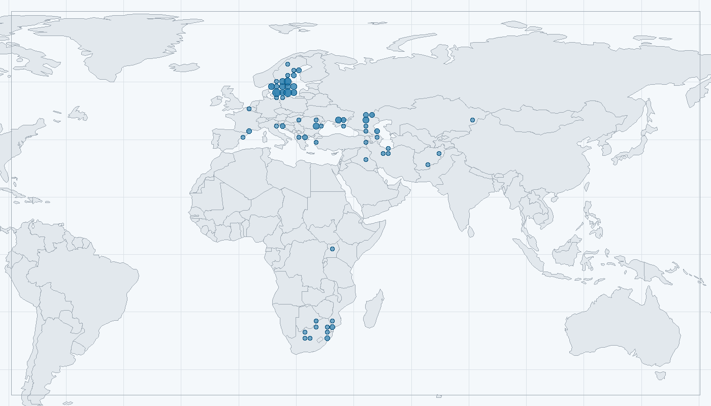 Mapa zaznamenaného výskytu: Ťuhýk menší (Lanius minor)