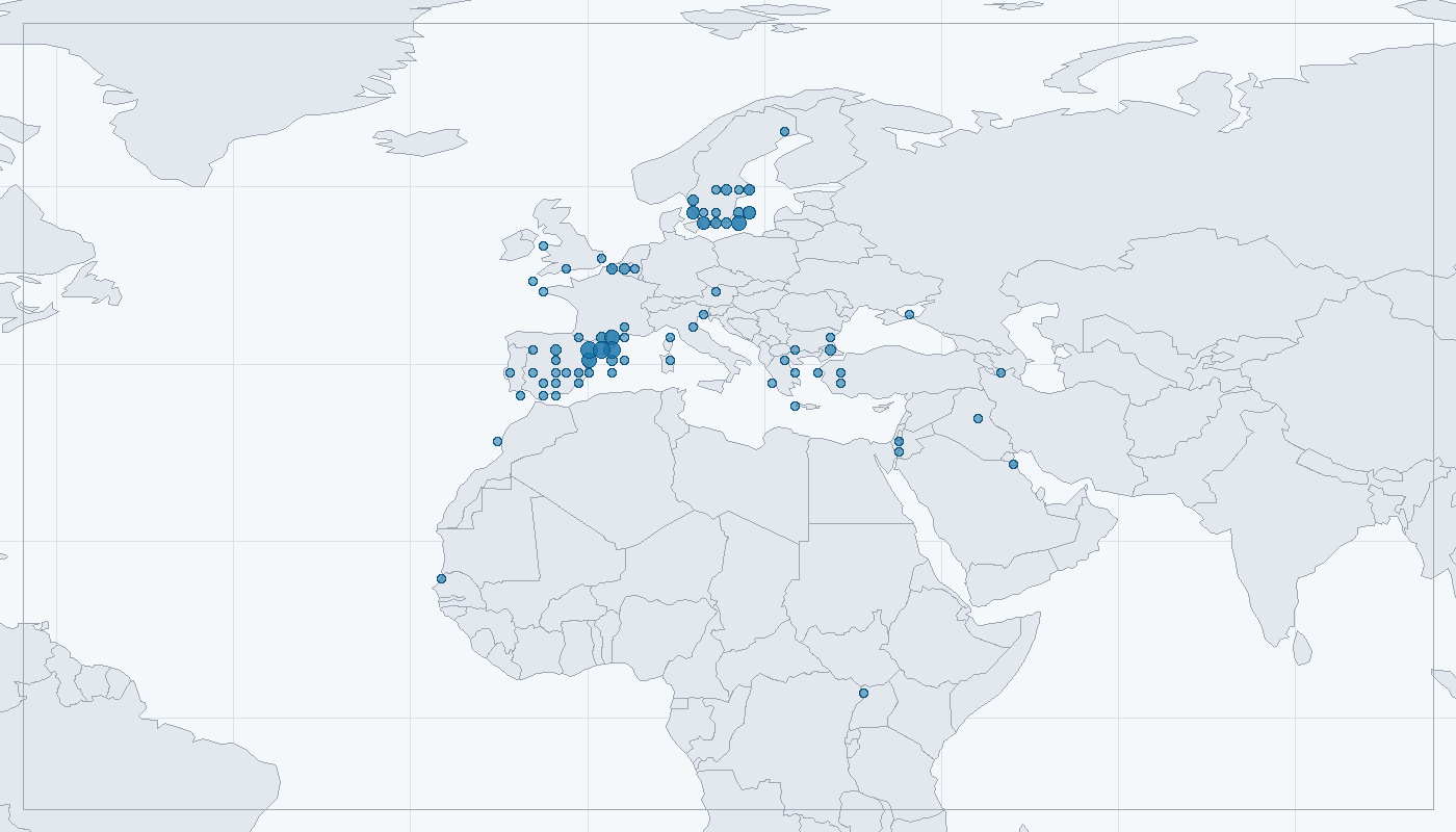 Mapa zaznamenaného výskytu: Ťuhýk rudohlavý (Lanius senator)
