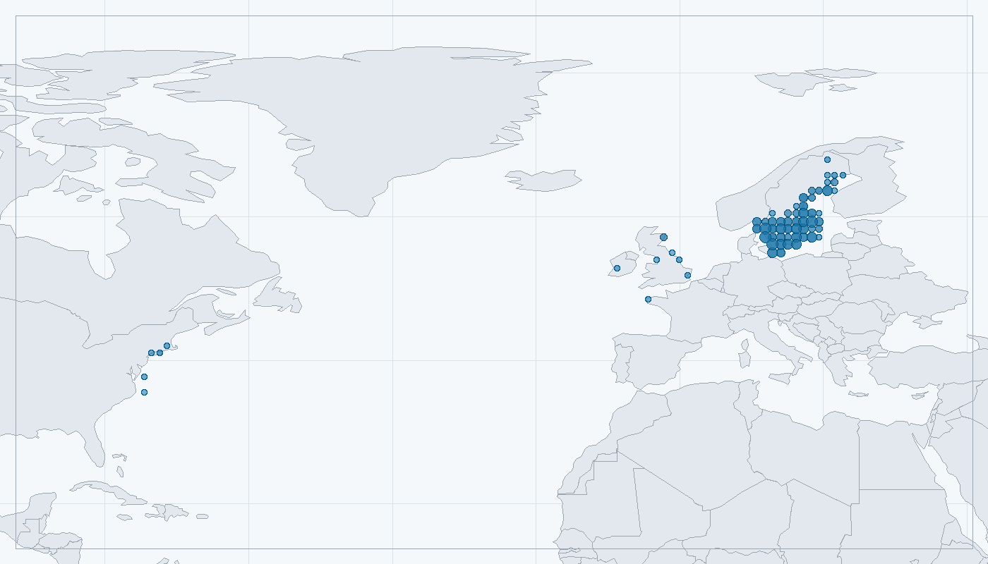 Mapa zaznamenaného výskytu: Racek mořský (Larus marinus)