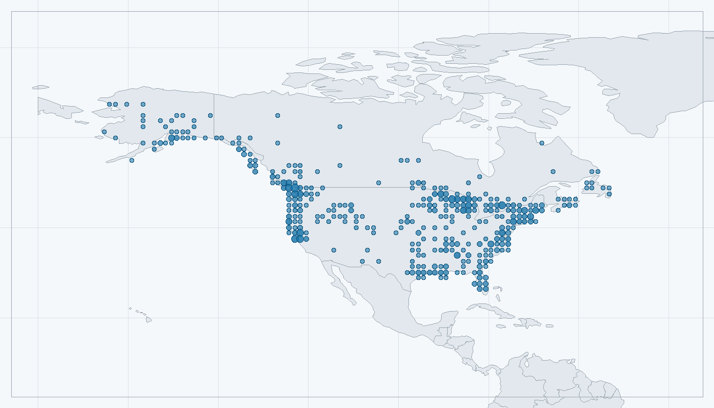 Mapa zaznamenaného výskytu: Vydra severoamerická (Lontra canadensis)