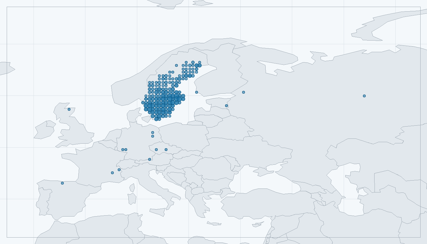 Mapa zaznamenaného výskytu: Sýkora parukářka (Lophophanes cristatus)