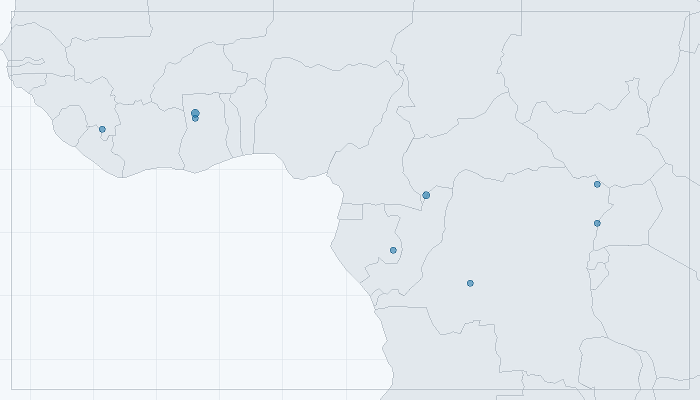 Mapa zaznamenaného výskytu: Slon pralesní (Loxodonta cyclotis)