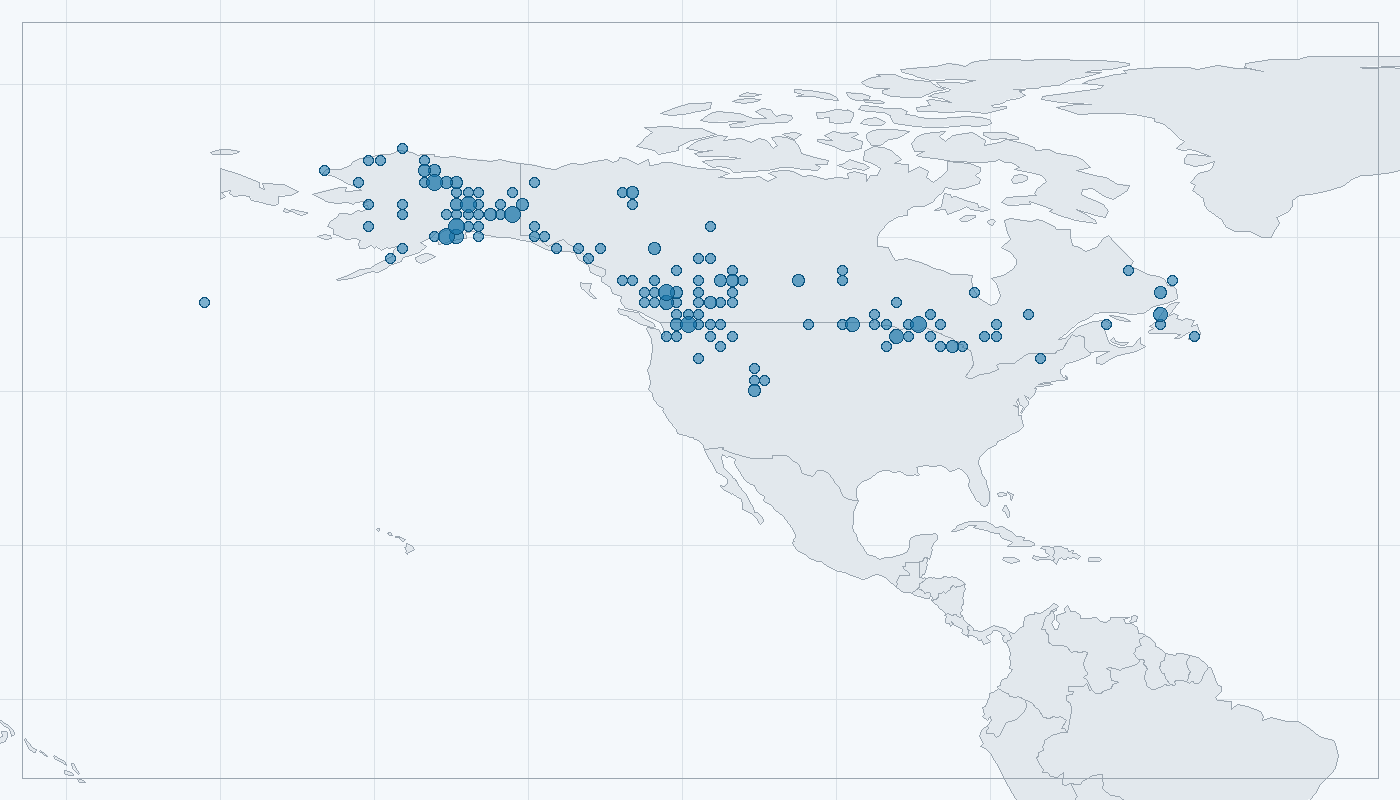 Mapa zaznamenaného výskytu: Rys kanadský (Lynx canadensis)