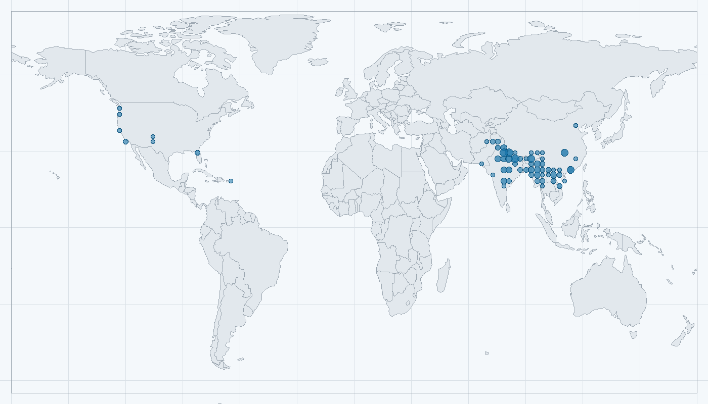 Mapa zaznamenaného výskytu: Makak rhesus (Macaca mulatta)