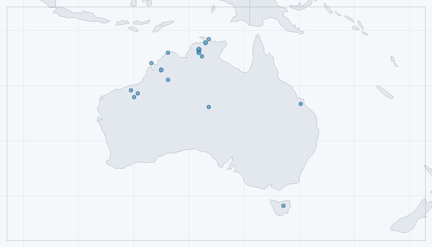 Mapa zaznamenaného výskytu: Megaderma australská (Macroderma gigas)