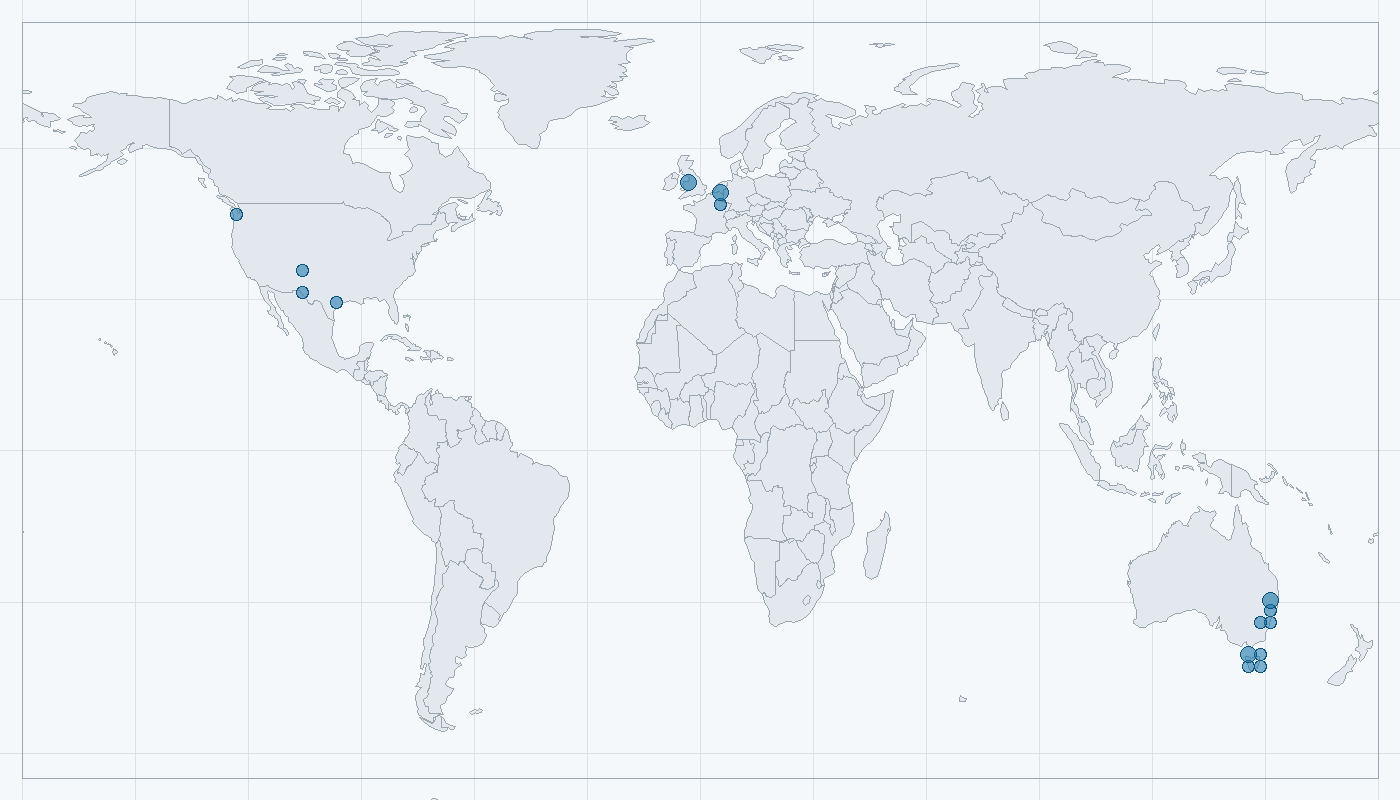 Mapa zaznamenaného výskytu: Klokan rudokrký (Macropus rufogriseus)