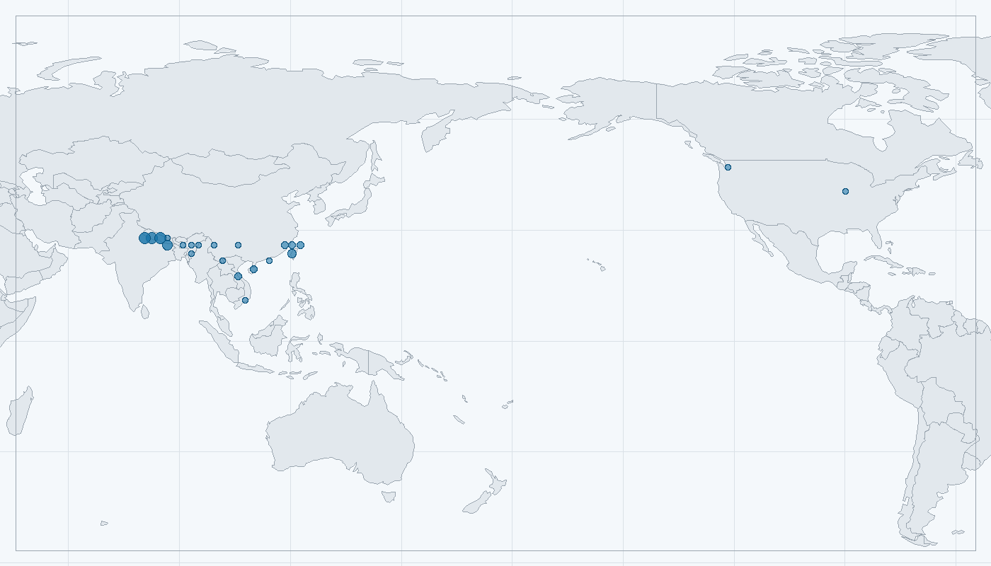 Mapa zaznamenaného výskytu: Luskoun krátkoocasý (Manis pentadactyla)