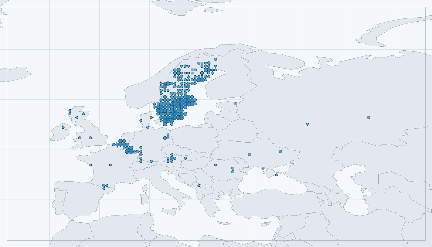 Mapa zaznamenaného výskytu: Kuna lesní (Martes martes)