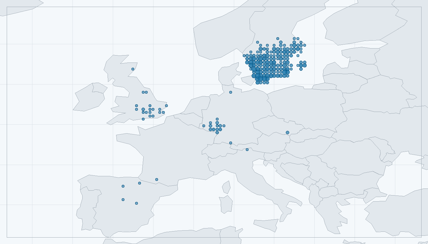 Mapa zaznamenaného výskytu: Luňák červený (Milvus milvus)