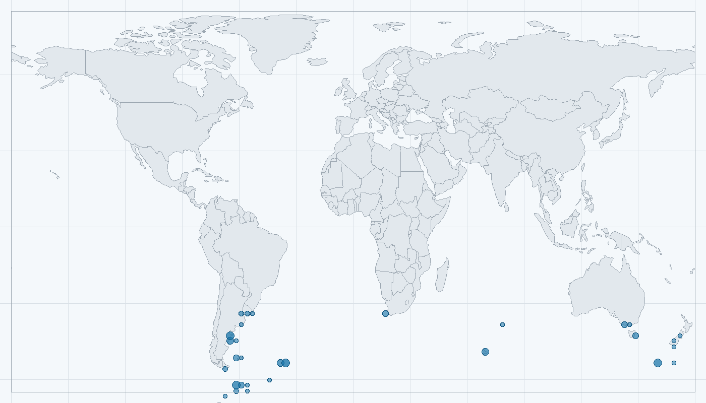 Mapa zaznamenaného výskytu: Rypouš sloní (Mirounga leonina)