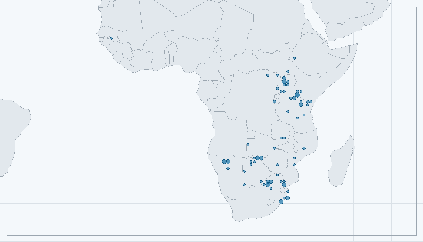Mapa zaznamenaného výskytu: Mangusta žíhaná (Mungos mungo)