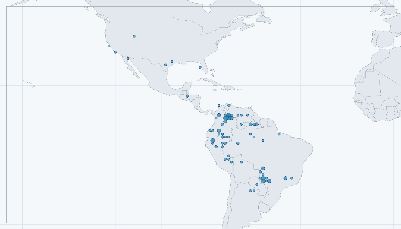 Mapa zaznamenaného výskytu: Mravenečník velký (Myrmecophaga tridactyla)