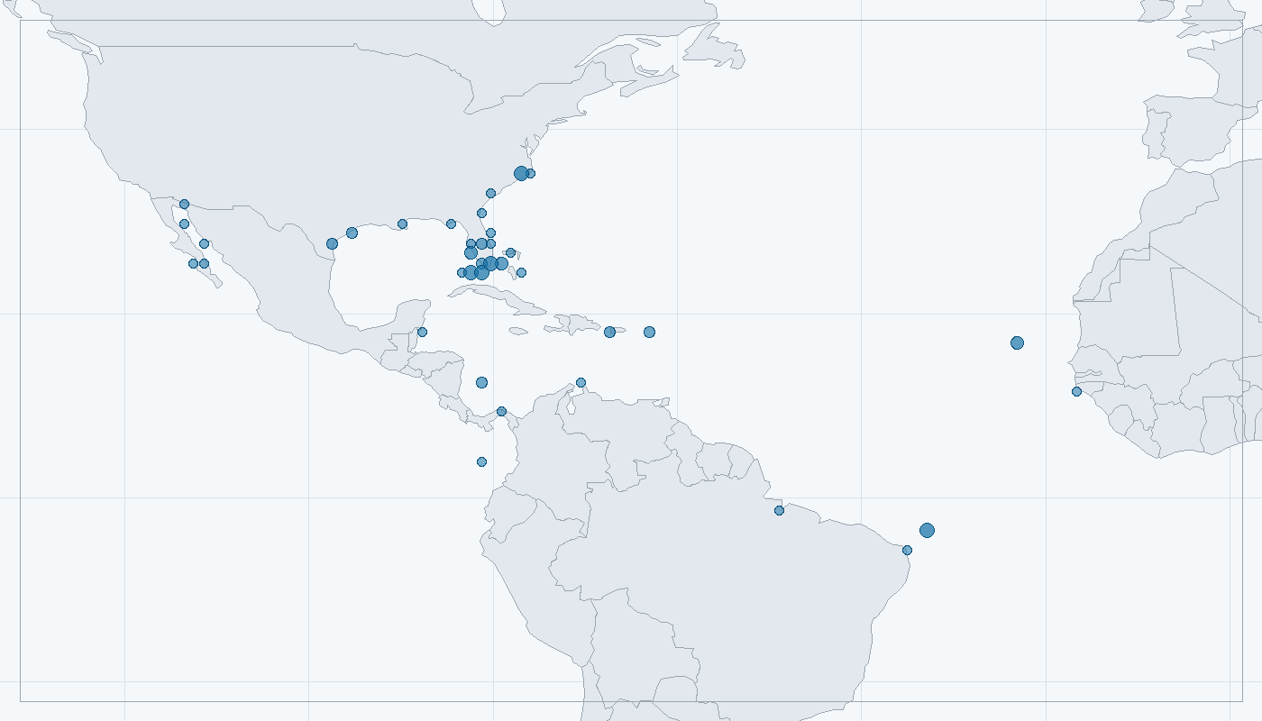 Mapa zaznamenaného výskytu: Žralok citronový (Negaprion brevirostris)