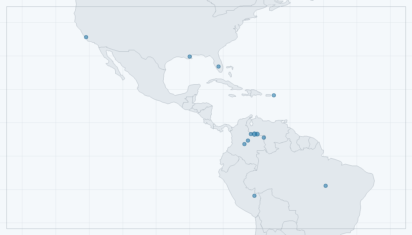 Mapa zaznamenaného výskytu: Husice orinocká (Neochen jubatus)