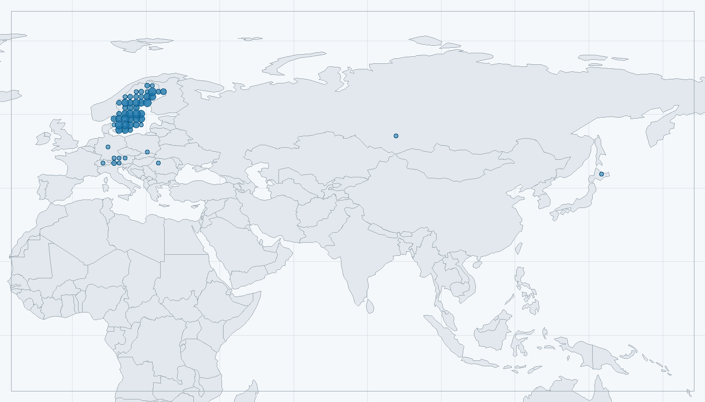 Mapa zaznamenaného výskytu: Ořešník kropenatý (Nucifraga caryocatactes)