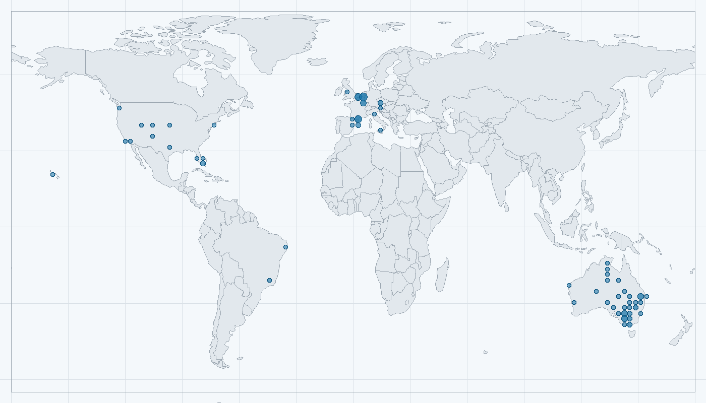 Mapa zaznamenaného výskytu: Korela chocholatá (Nymphicus hollandicus)