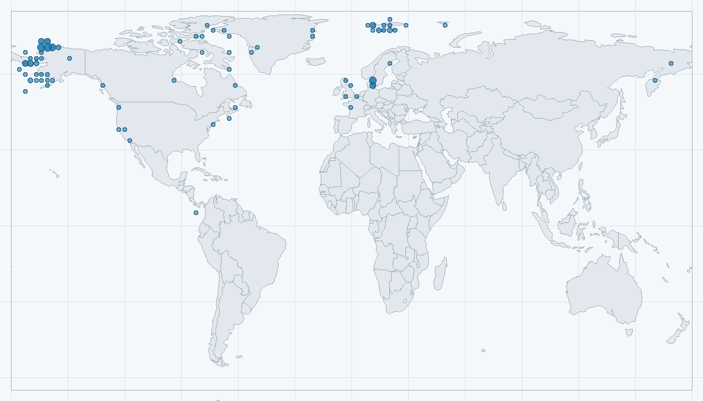 Mapa zaznamenaného výskytu: Mrož lední (Odobenus rosmarus)