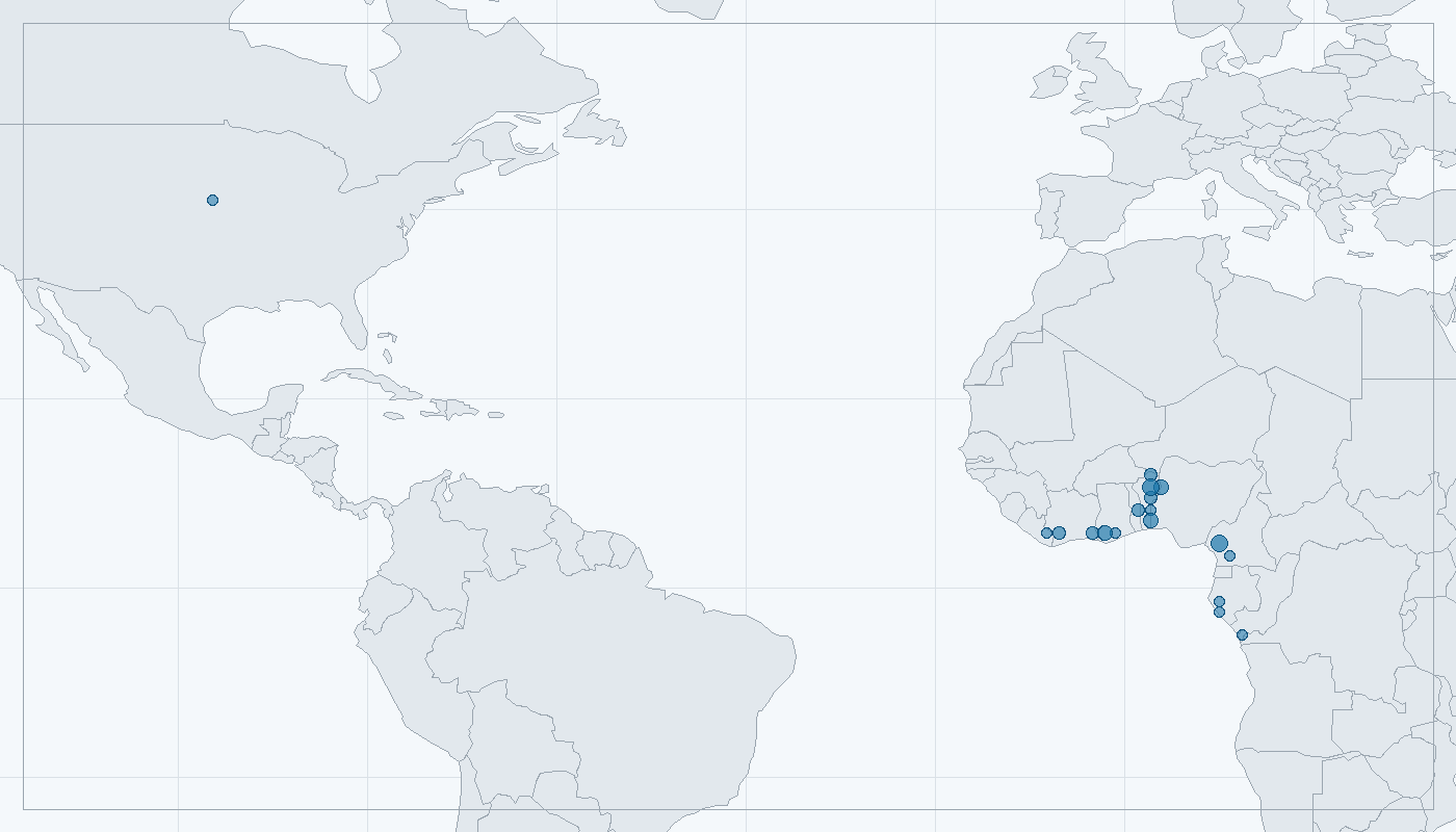 Mapa zaznamenaného výskytu: Krokodýl čelnatý (Osteolaemus tetraspis)