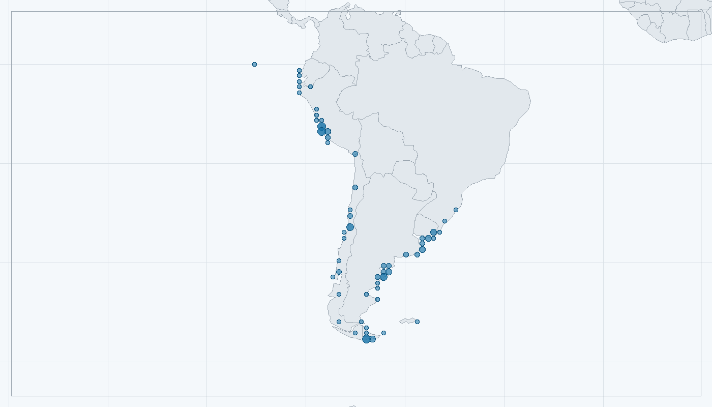 Mapa zaznamenaného výskytu: Lachtan hřívnatý (Otaria flavescens)