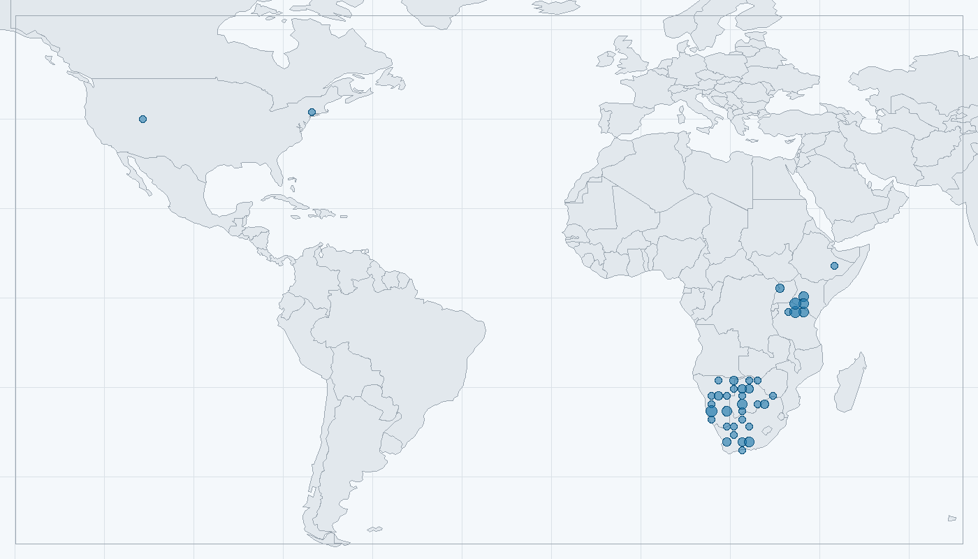 Mapa zaznamenaného výskytu: Pes ušatý (Otocyon megalotis)