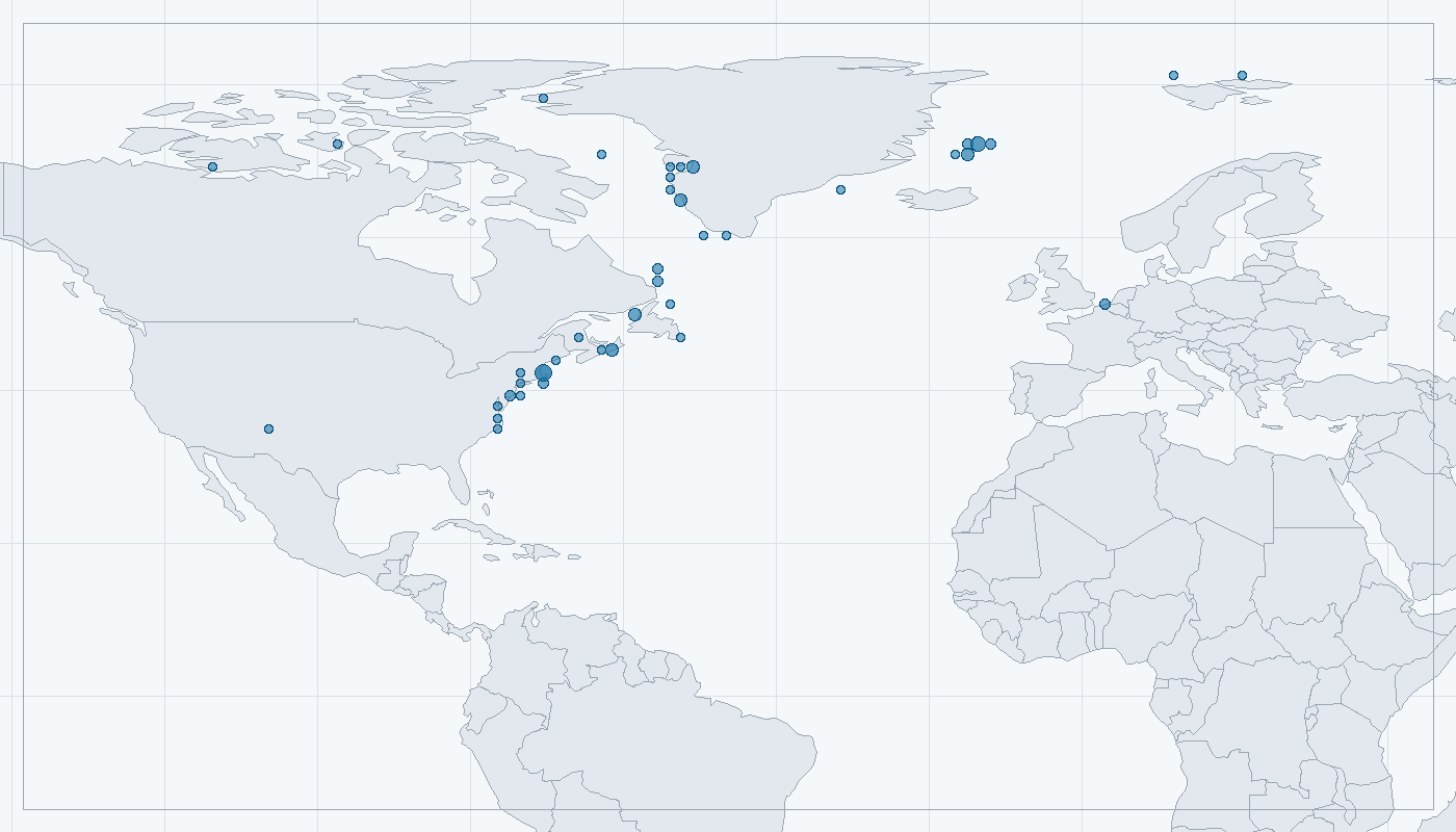 Mapa zaznamenaného výskytu: Tuleň grónský (Pagophilus groenlandicus)