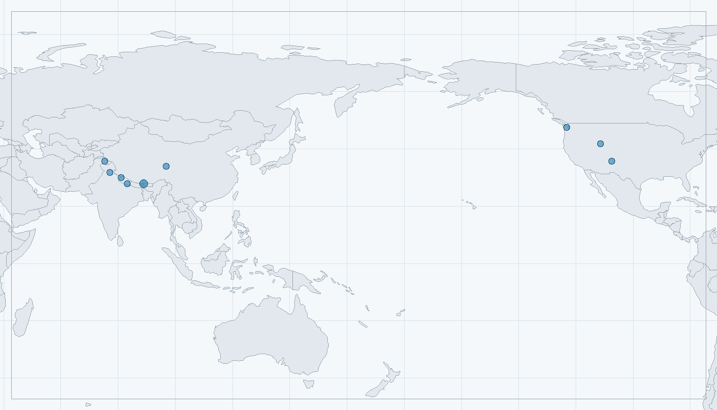 Mapa zaznamenaného výskytu: Irbis horský (Panthera uncia)