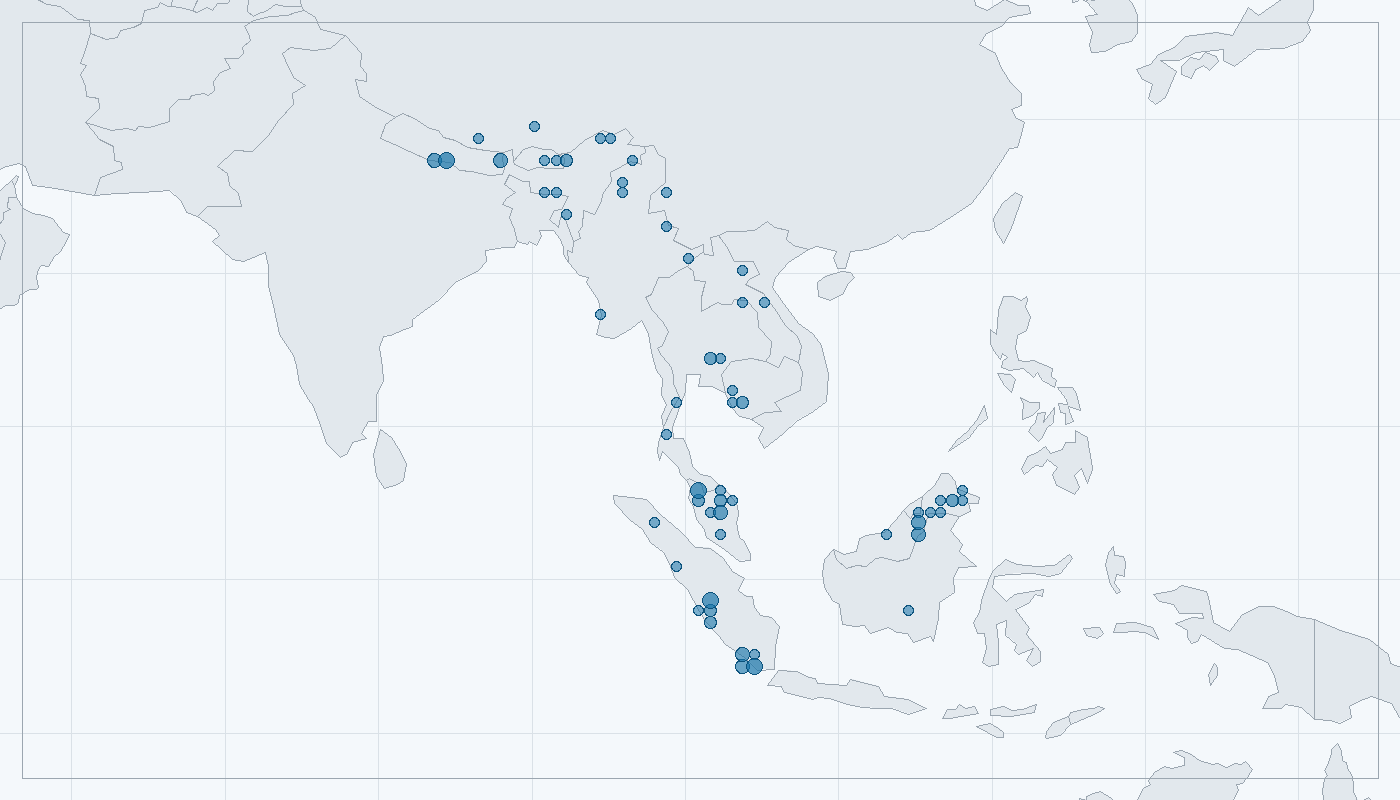 Mapa zaznamenaného výskytu: Kočka mramorovaná (Pardofelis marmorata)