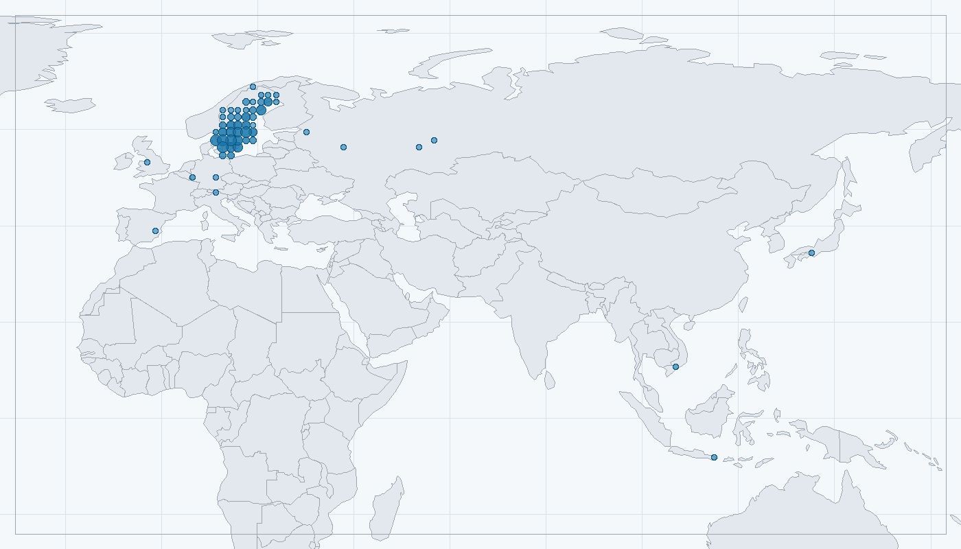 Mapa zaznamenaného výskytu: Vrabec polní (Passer montanus)