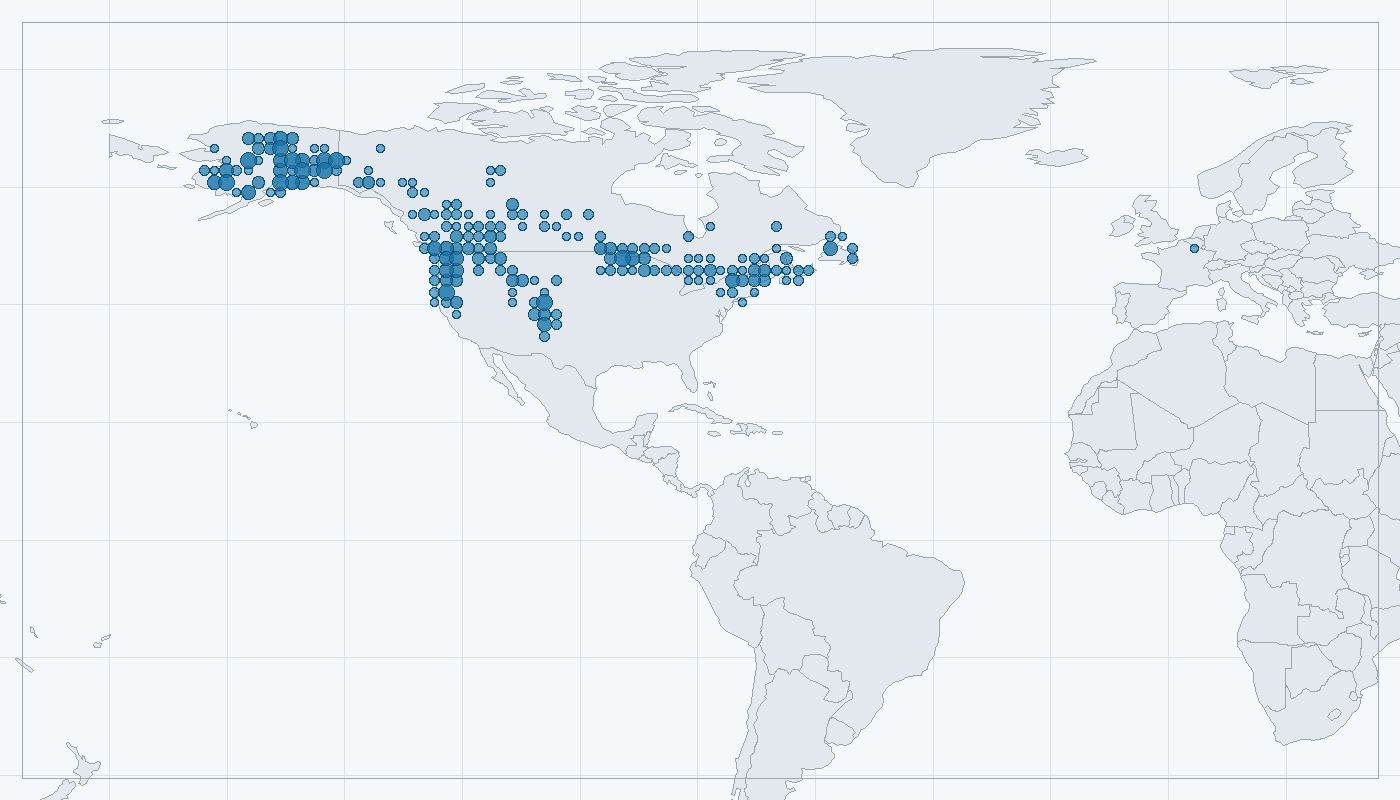 Mapa zaznamenaného výskytu: Sojka šedá (Perisoreus canadensis)