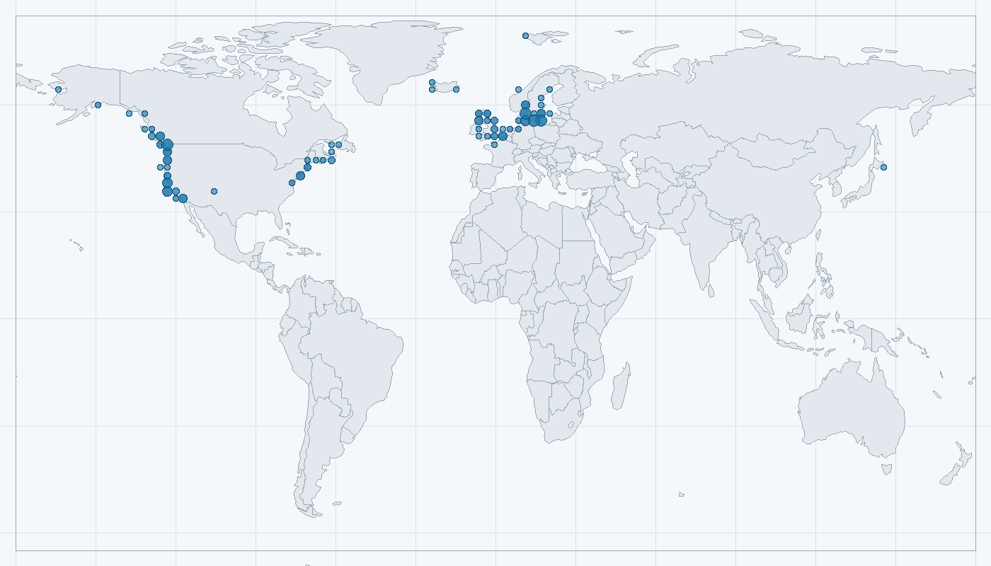 Mapa zaznamenaného výskytu: Tuleň obecný (Phoca vitulina)
