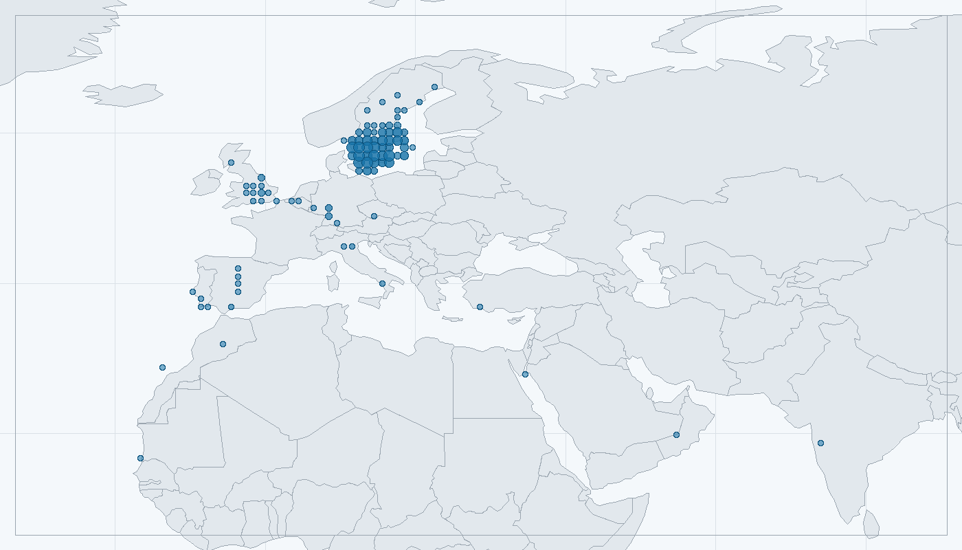 Mapa zaznamenaného výskytu: Budníček menší (Phylloscopus collybita)