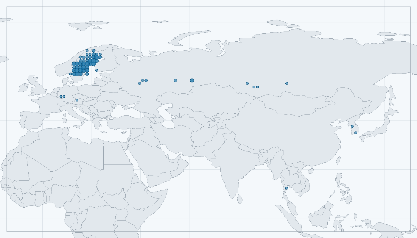 Mapa zaznamenaného výskytu: Žluna šedá (Picus canus)