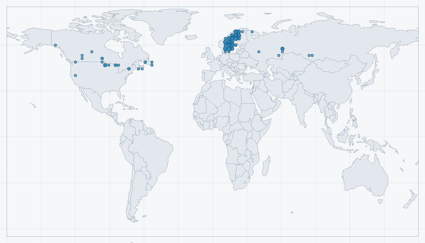 Mapa zaznamenaného výskytu: Hýl křivčí (Pinicola enucleator)