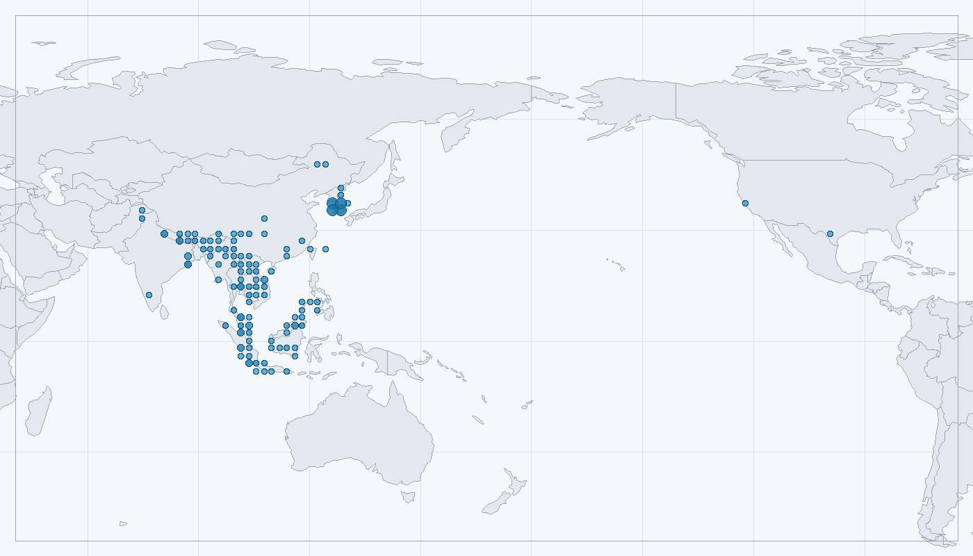 Mapa zaznamenaného výskytu: Kočka bengálská (Prionailurus bengalensis)
