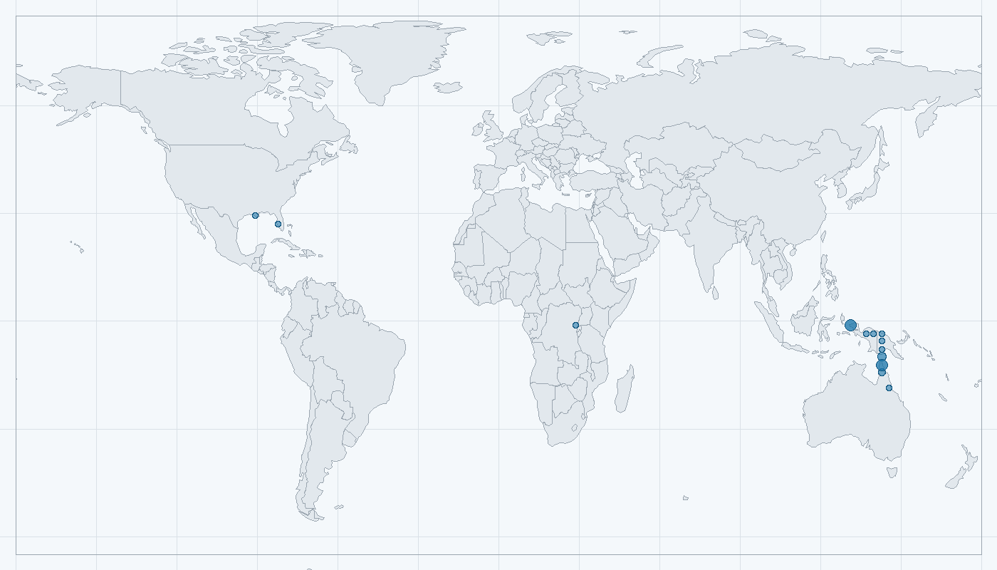 Mapa zaznamenaného výskytu: Kakadu arový (Probosciger aterrimus)