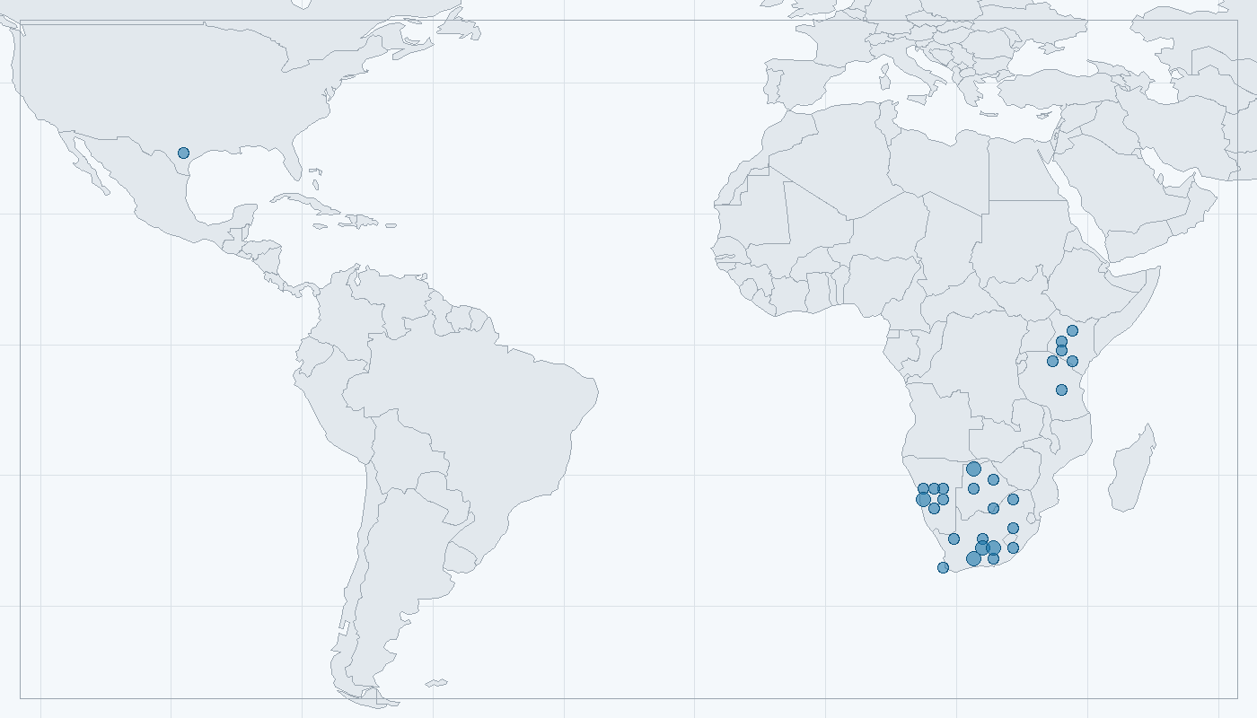 Mapa zaznamenaného výskytu: Hyenka hřivnatá (Proteles cristatus)