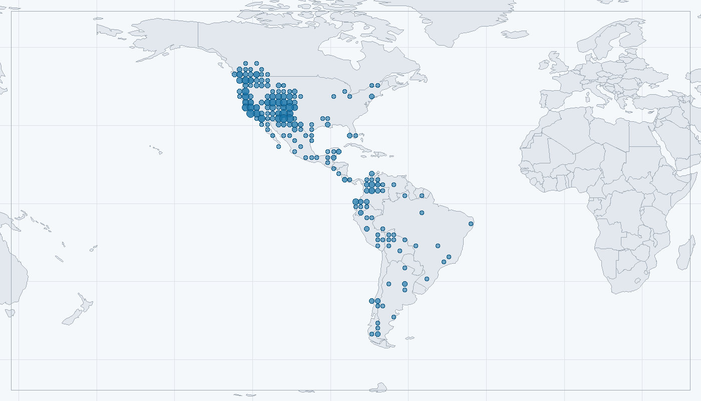 Mapa zaznamenaného výskytu: Puma americká (Puma concolor)