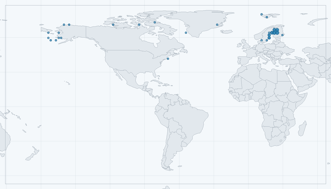 Mapa zaznamenaného výskytu: Tuleň kroužkovaný (Pusa hispida)