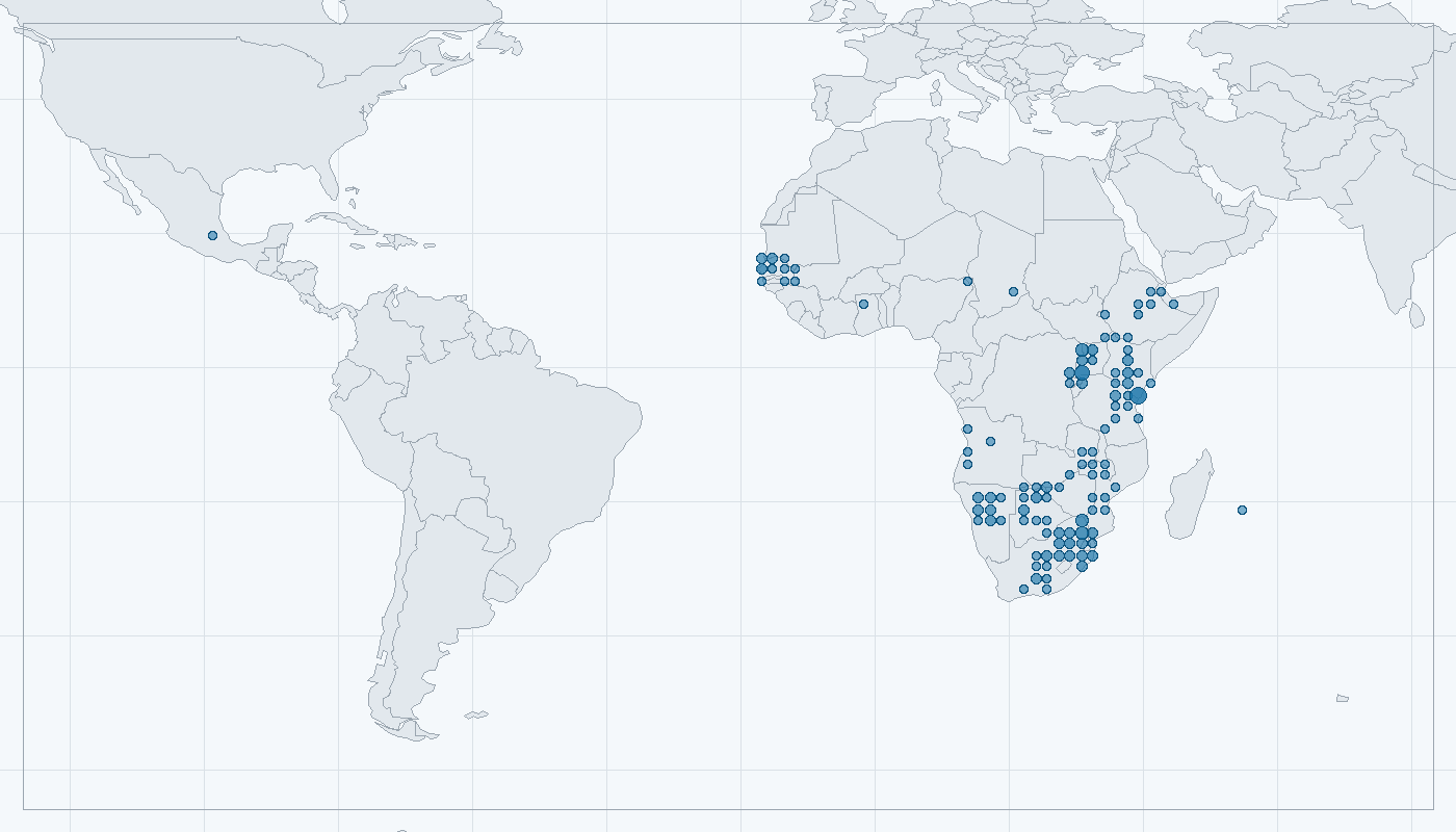Mapa zaznamenaného výskytu: Snovač rudozobý (Quelea quelea)